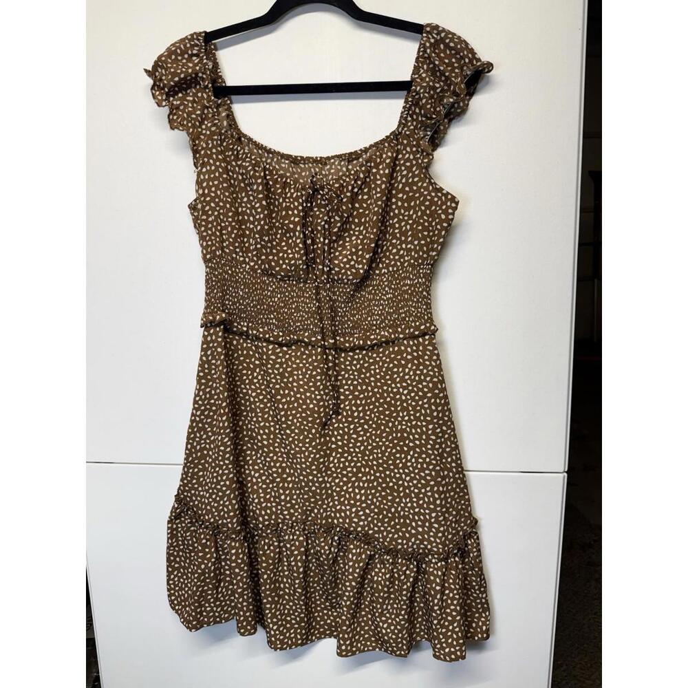 Milkmaid Summer Brown & White Smocked Mini Dress Ruffled Cap Sleeves Tiered Hem